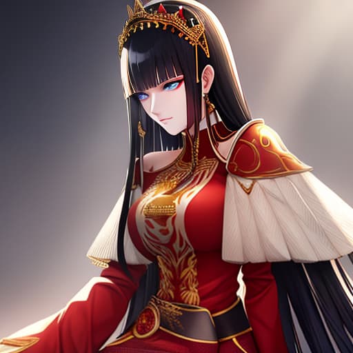  Young adult female, English inspired queen, wearing a crown on her head, red gold and white dress, black hair, short shoulder length hair with bangs, (hair curves at the end), blue eyes, pale skin, serious expression hyperrealistic, full body, detailed clothing, highly detailed, cinematic lighting, stunningly beautiful, intricate, sharp focus, f/1. 8, 85mm, (centered image composition), (professionally color graded), ((bright soft diffused light)), volumetric fog, trending on instagram, trending on tumblr, HDR 4K, 8K