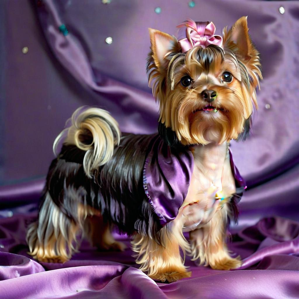  kawaii style yorkshire terrier dog stands on a dark purple satin background . cute, adorable, brightly colored, cheerful, anime influence, highly detailed, film photography style