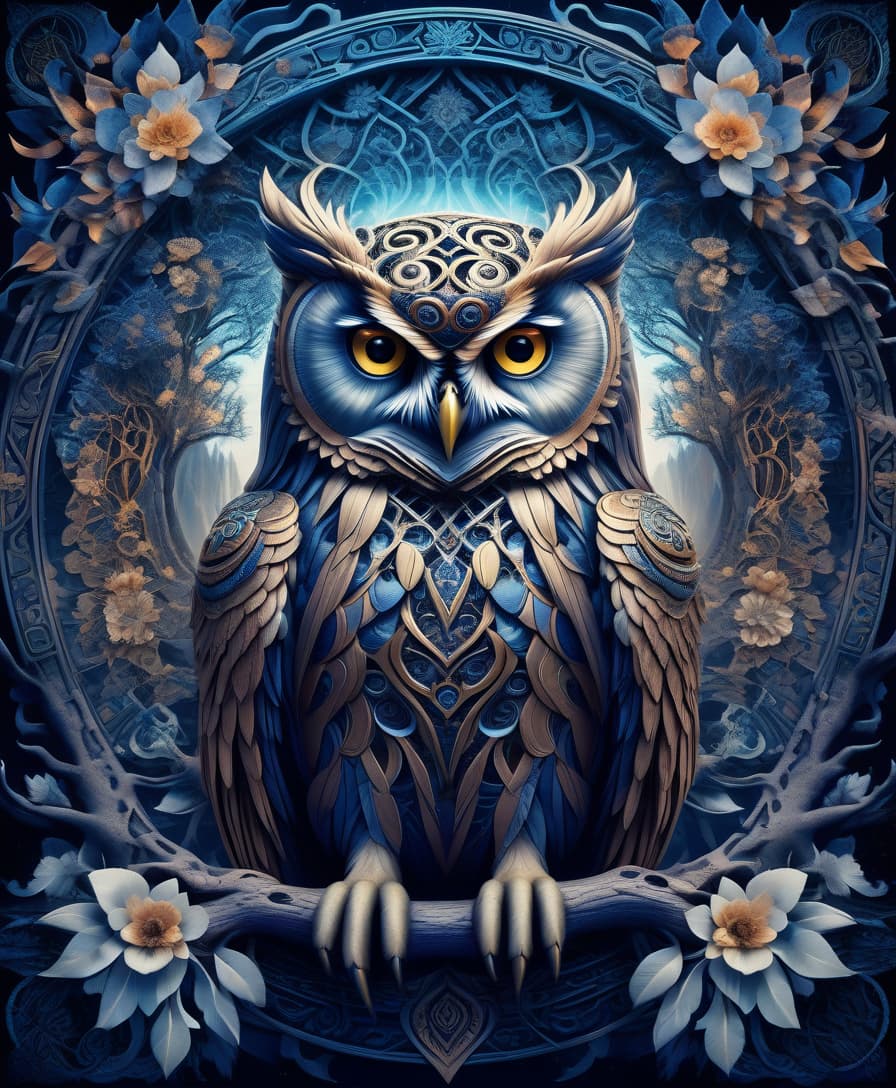  horror themed masterpiece, hdr 8k, digital image. conceptual art. (owl, a dangerous bird of prey, sits on a tree, piercing gaze, sharp beak, powerful claws), appearing in ancient russian ethnic ornaments that make up a symmetrical mandala consisting of an endless forest, a wide flowing river and majestic mountains, the mandala is decorated with a fantastic ice pattern). abstract elements: stones, tree leaves, flowers. the effect of dissolving the natural shades of fur in sky waves. filigree finishes, mysterious neon glowing accents, intricate. stylization. neo rococo style. stylish, dynamic, atmospheric. background dissolving abstract patterns in the space:: vignetting:: complex ethnic ornament. mystery, fantasy surrealism. high detail. h