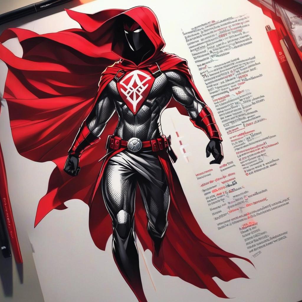  protien, draw the main symbol to be and alpha helix or a dna symbol, and color the outfit red, with a cape, and its powers are strength and wound healing, put a cape make the main letter on the chest a p. make it a guy, award winning, professional, highly detailed, masterpiece