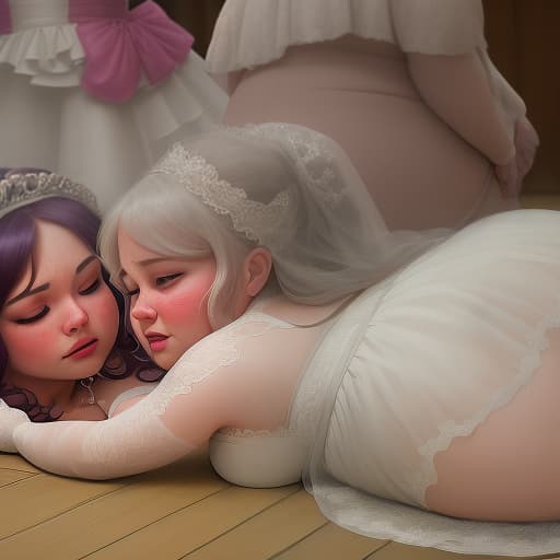  the fat bride fainted at the wedding and lies unconscious on the floor, and her girlfriends bent over her and try to bring her to her senses.