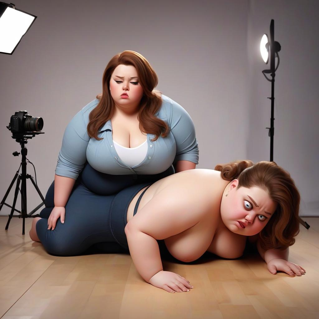  the fat fainted while posing in a photo studio, and lies unconscious on the floor, and her friend bent over her and tries to bring her to her senses.