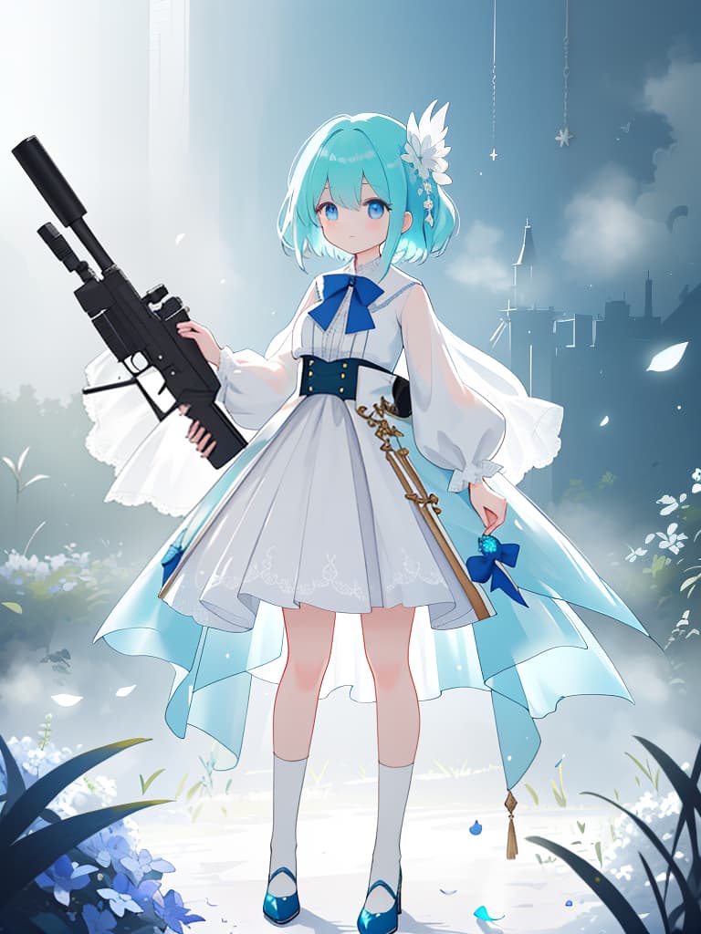  girl, gun, blue, young, expressionless, masterpiece, best quality,8k,ultra detailed,high resolution,an extremely delicate and beautiful,hyper detail hyperrealistic, full body, detailed clothing, highly detailed, cinematic lighting, stunningly beautiful, intricate, sharp focus, f/1. 8, 85mm, (centered image composition), (professionally color graded), ((bright soft diffused light)), volumetric fog, trending on instagram, trending on tumblr, HDR 4K, 8K