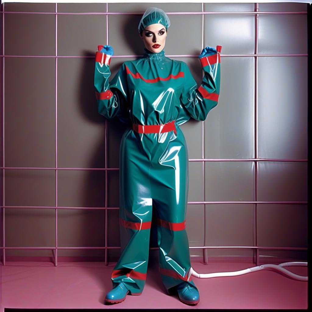  "hyperdetalisation, woman, mistress surgeon, in dressed three color surgical suit, made of glossy latex, standing alone, full length, front view, full face, dressed in, surgical gown, knee length, with elastic waistband, long sleeves, with elastic cuffs, upper part of surgical gown, (from collar to waist), glossy latex dark green, belt at waist, glossy latex red, lower part of surgical gown, (from hem to waist), glossy latex dark blue, in the center of the surgical gown there is an emblem in the form of surgical forceps "burdizzo", upper part of sleeve, (from shoulder to elbow), glossy latex dark blue, lower part of sleeve, (from elbow to cuff), glossy latex dark green, cuffs on sleeve, glossy latex red, (bib with collar), made of glossy d