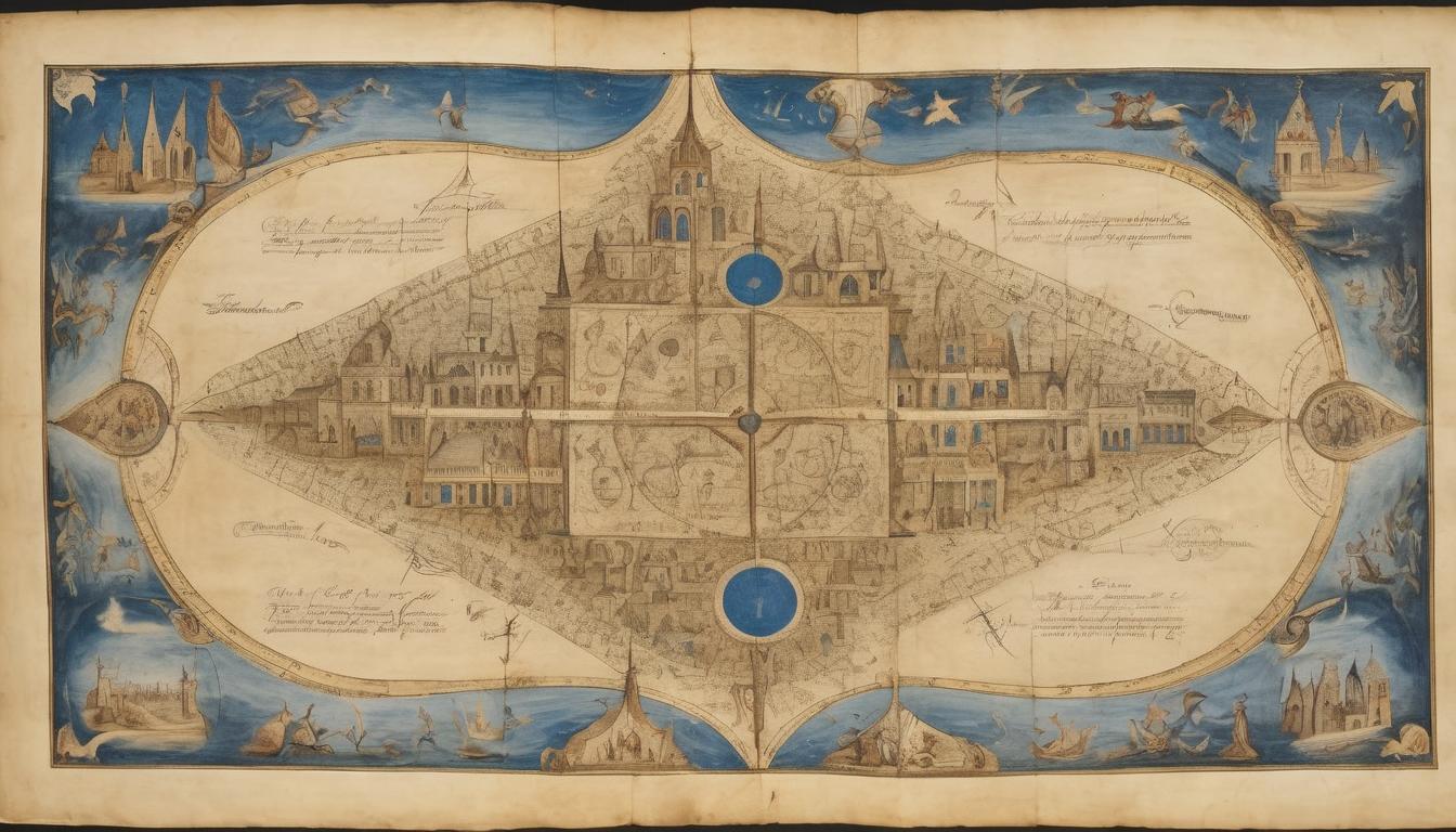  on parchment, surrealism++, celestial blueprints with radiant light, showing restructured churches and communities, divine intervention, reformative energy(mysterious, provocative, symbolic)++