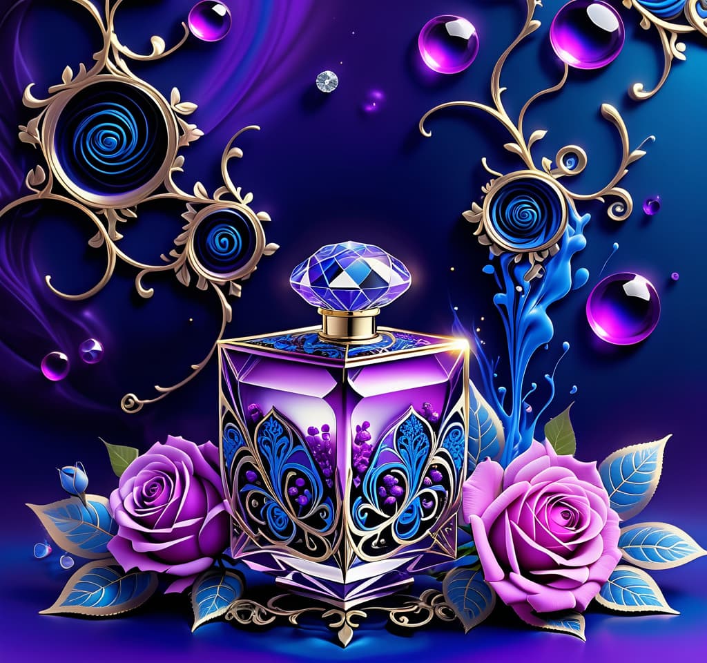  dreamscape ultra detailed digital image with double exposure. elegant single transparent (unusual) perfume bottle (diamond shaped: 1.4), heliotrope colours:: inside (bright purple liquid: 1.8), large bright rose, (blue: 1.3) misty fractal swirls, silver and (silver: 1,4) accents. (blue jets and splashes of liquid), plasticity. decorativeness. mesmerising. background black, complex ornamentation, surreal abstractionism, with textured neon blue and gold veins intertwining in an unusual whimsical pattern. juicy heliotrope coloured roses. bright blue accents. neon blue sparks, mystical glow. unreal, fantastic. lots of highlights, contrasting elements. superfine details. stylistics: art nouveau. abstraction. surrealistic idea. in the manner o