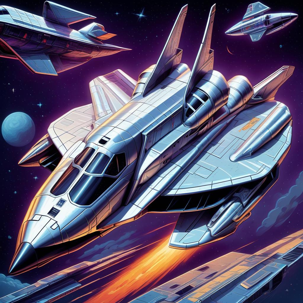  retro game art the space shuttle looks like a lamborghini countach, silver color, in the styles of futurism, dieselpunk and steampunk. . 16 bit, vibrant colors, pixelated, nostalgic, charming, fun