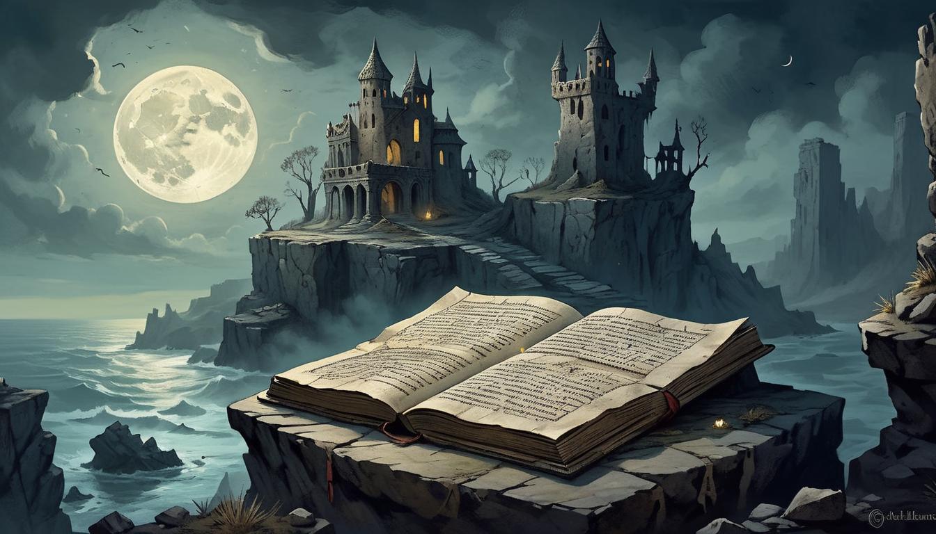  on parchment, surrealism+++, ancient texts on a weathered stone tablet, moonlight casting shadows, perched on a cliff's edge, surrounded by crumbling ruins, mystical and foreboding(mysterious, provocative, symbolic,muted color)+++