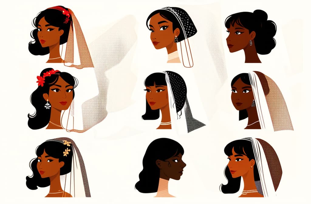  flat illustration, flaticon, (illustration:1.15), different beauty. set of different female heads in wedding veil. different races and nationalities. colored hand drawn illustration ar 3:2, [cory loftis, strobist, pascal campion :: 0.2]