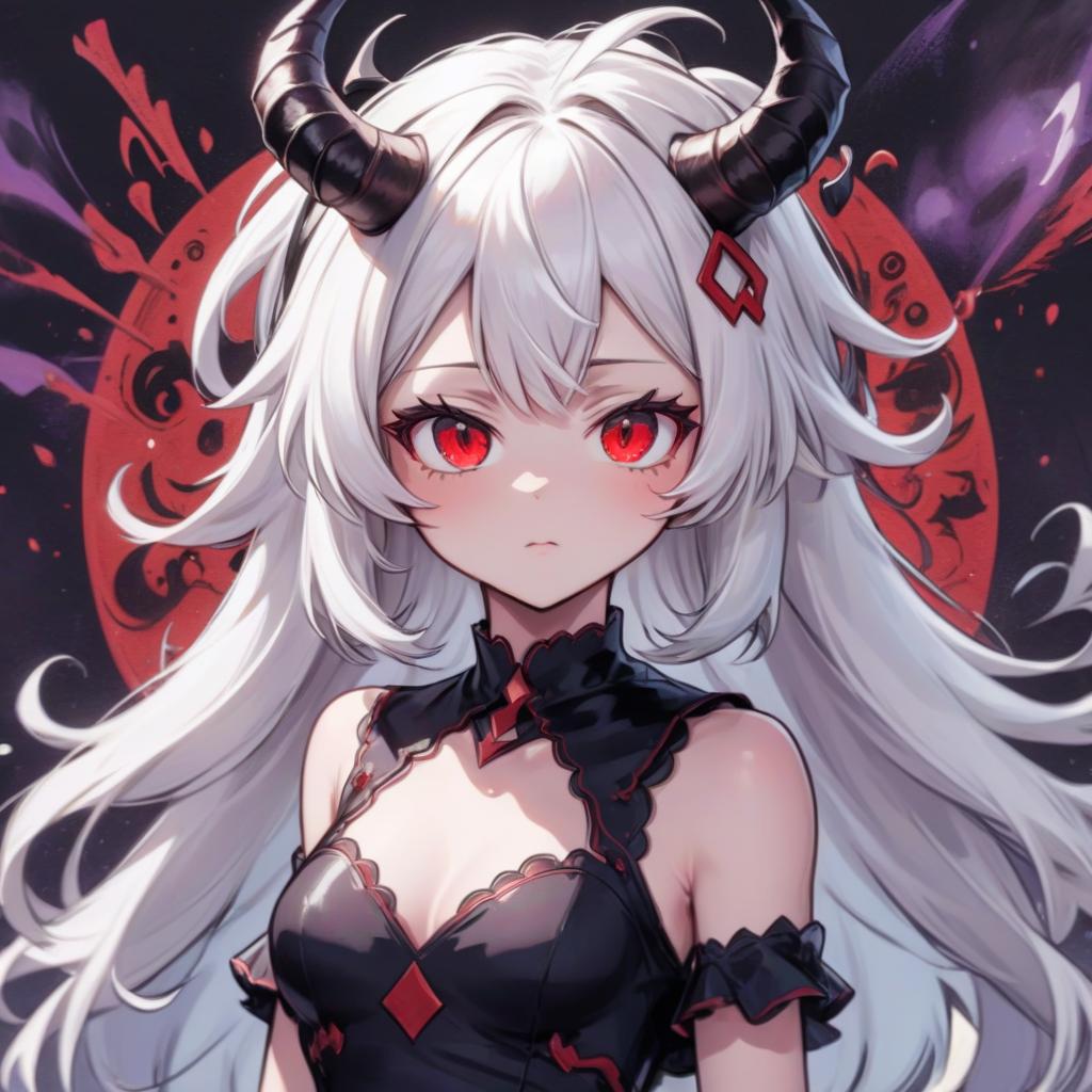  manga style girl in a dress, horns on her head, white hair, red eyes, dark magic, . vibrant, high energy, detailed, iconic, japanese comic style, sticker