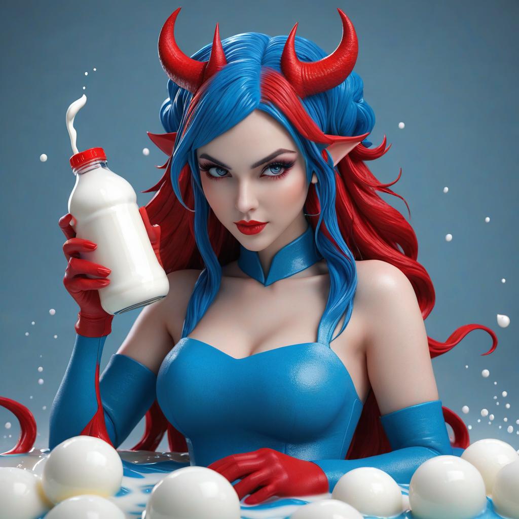  professional 3d model red skinned succubus busty blue hair covered in milk. octane render, highly detailed, volumetric, dramatic lighting