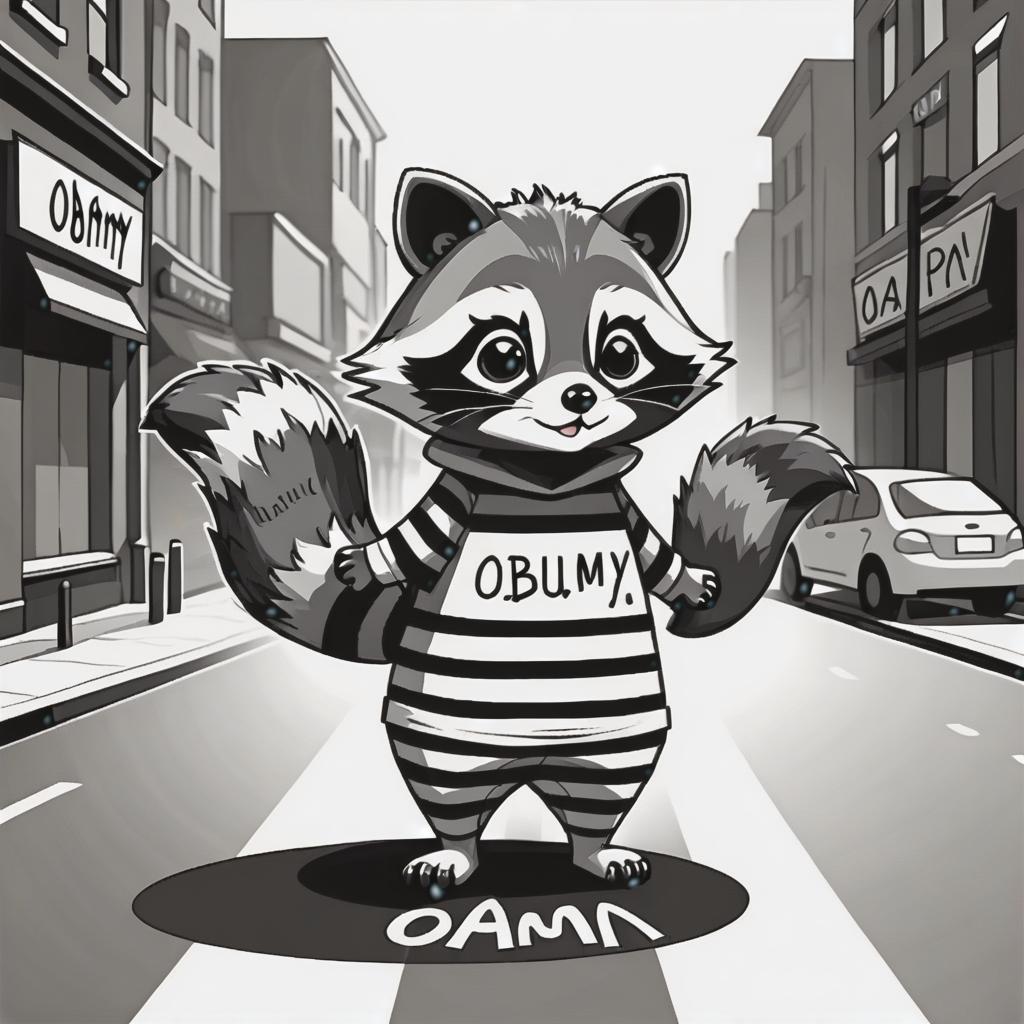  line art drawing a cute little fluffy raccoon with striped tail stands in the middle of the street, holding a cardboard in front of him, the inscription "obnumy gapom" on the cardboard ((charcoal)) large uneven rough letters, same nightmare. anime style . professional, sleek, modern, minimalist, graphic, line art, vector graphics