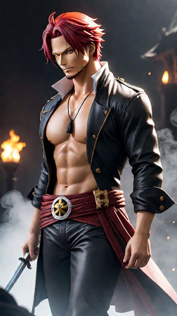  create an anime art of shanks from one piece leading his devil fruit free red haired pirates. hyperrealistic, full body, detailed clothing, highly detailed, cinematic lighting, stunningly beautiful, intricate, sharp focus, f/1. 8, 85mm, (centered image composition), (professionally color graded), ((bright soft diffused light)), volumetric fog, trending on instagram, trending on tumblr, HDR 4K, 8K