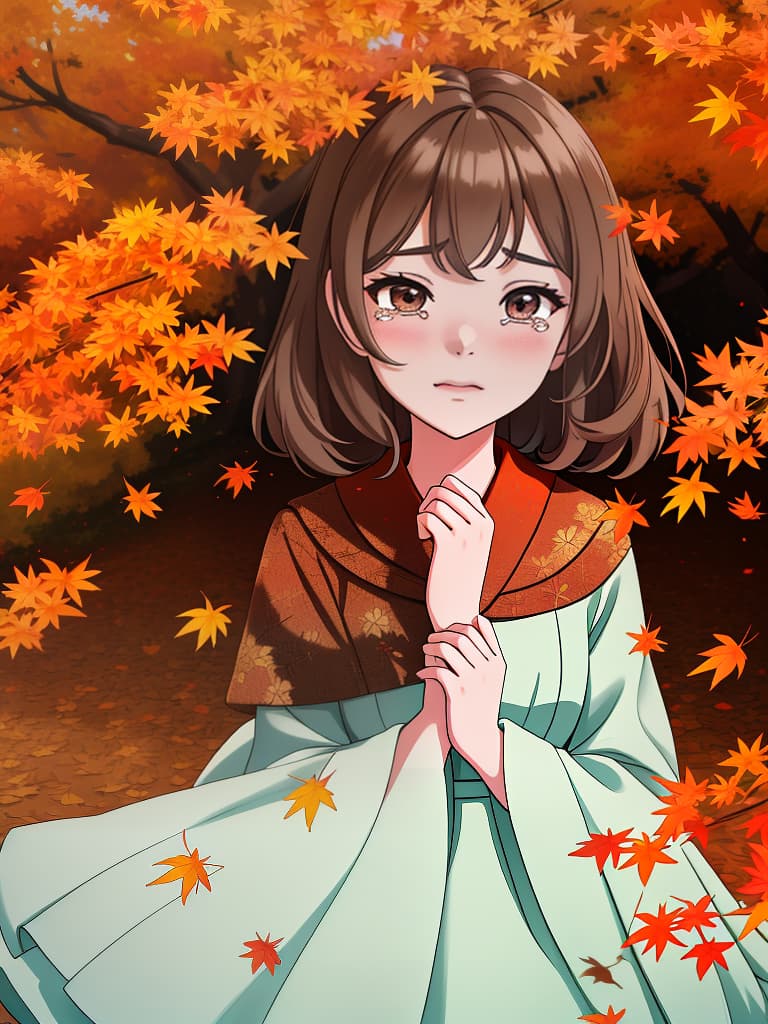  autumn, kaede trees, autumn leaves are scattered, girls, tears, tears, goodbye, crying, masterpiece, best quality,8k,ultra detailed,high resolution,an extremely delicate and beautiful,hyper detail