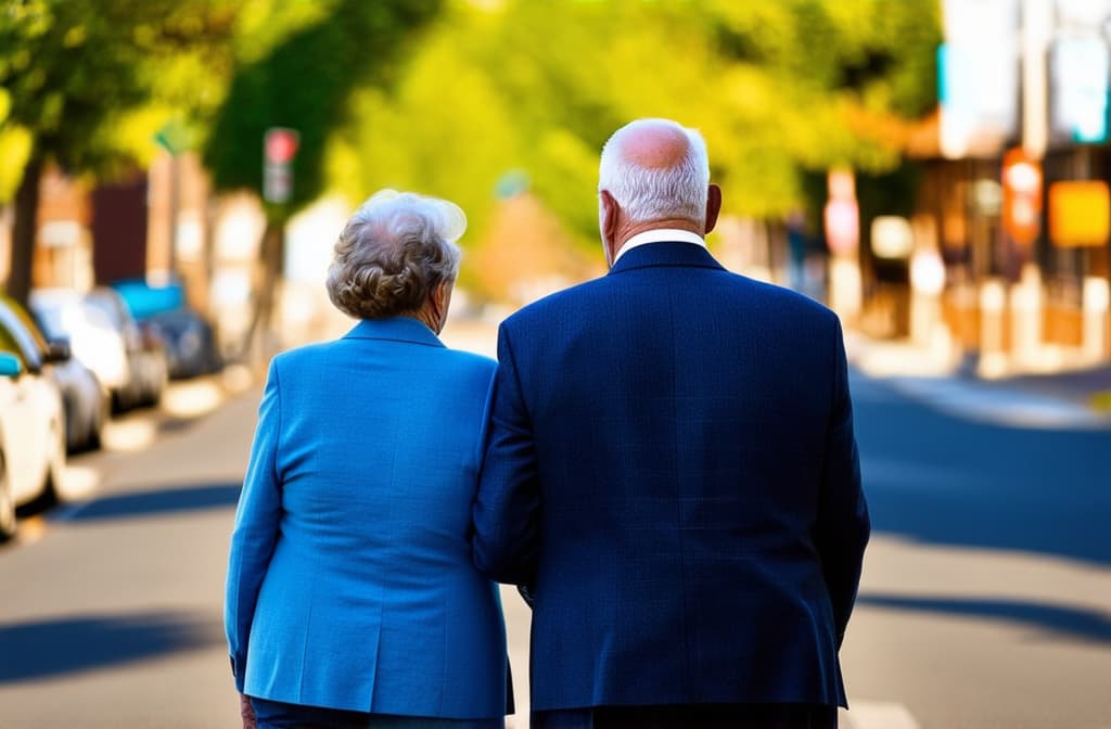  grandma and grandpa walking down the street, sunny day ar 3:2, (natural skin texture), highly detailed face, depth of field, hyperrealism, soft light, muted colors