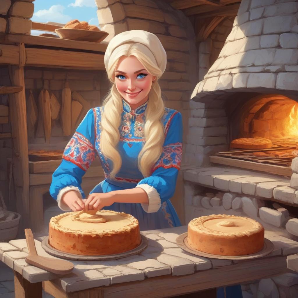  masterpiece, the best quality, a russian woman in traditional clothes prepares cakes in a stone oven, a very light smile, tense, piercing eyes, blue eyes, flowing blond hair, dressed in a traditional russian outfit, cooks in the open air, inside a wooden castle, against the background of an ancient russian throne room in a wooden castle, cartoon style, cute, modernism,