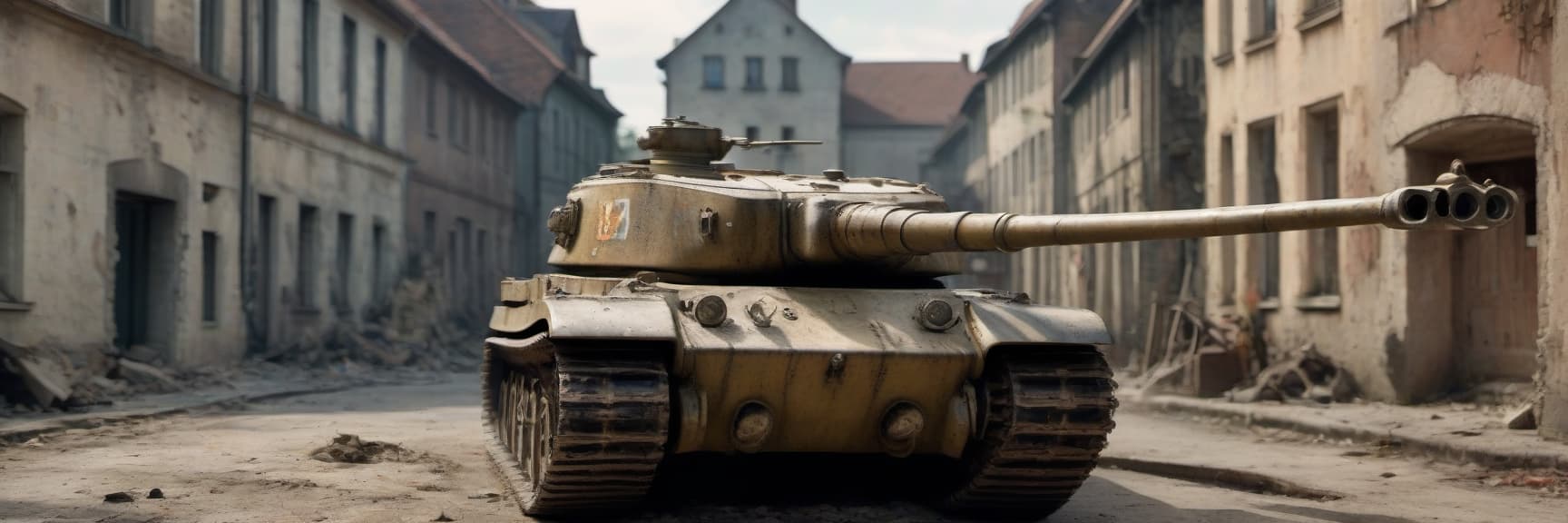  cinematic photo generate a german tiger 1 tank as similar as world war ii on a ruined street . 35mm photograph, film, bokeh, professional, 4k, highly detailed