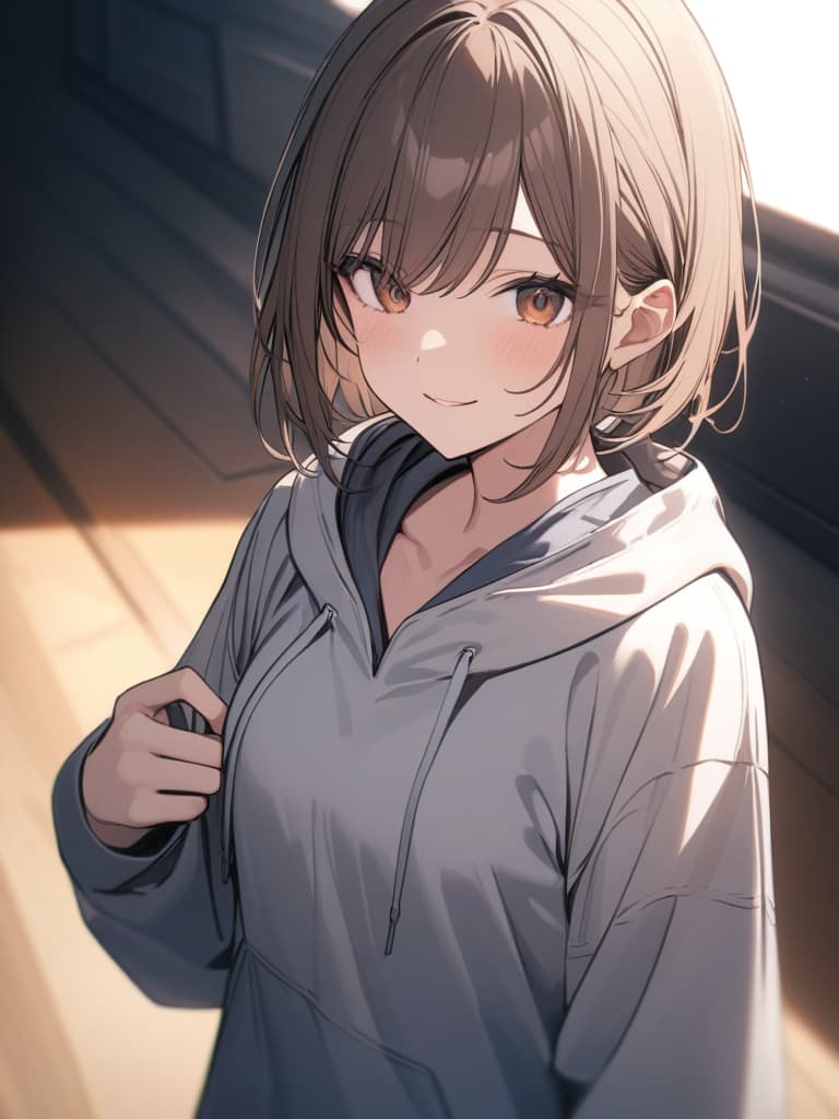  brown hair, bob, brown eyes, smiles, hoodie, masterpiece, best quality,8k,ultra detailed,high resolution,an extremely delicate and beautiful,hyper detail