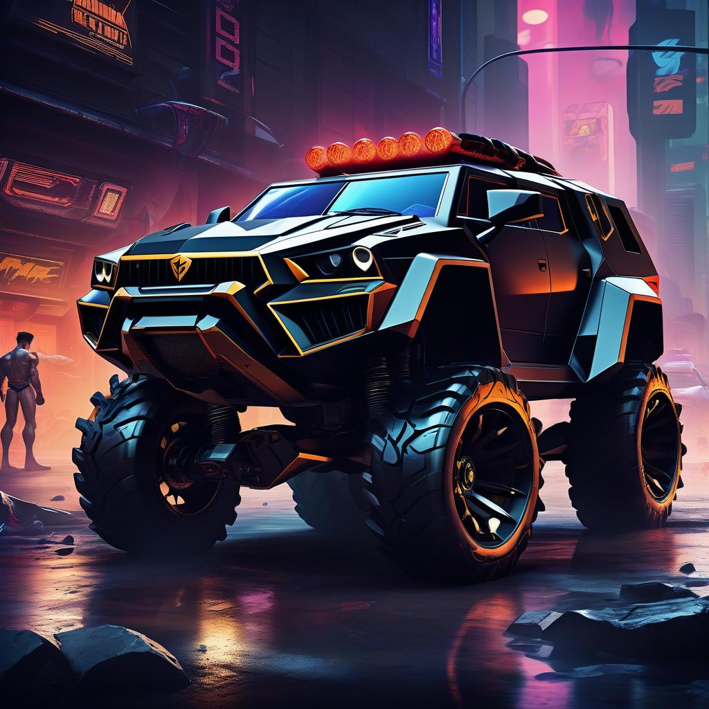  street fighter style retro futuristic, black, brutal suv, reminiscent of the lamborghini lm 002 . vibrant, dynamic, arcade, 2d fighting game, highly detailed, reminiscent of street fighter series