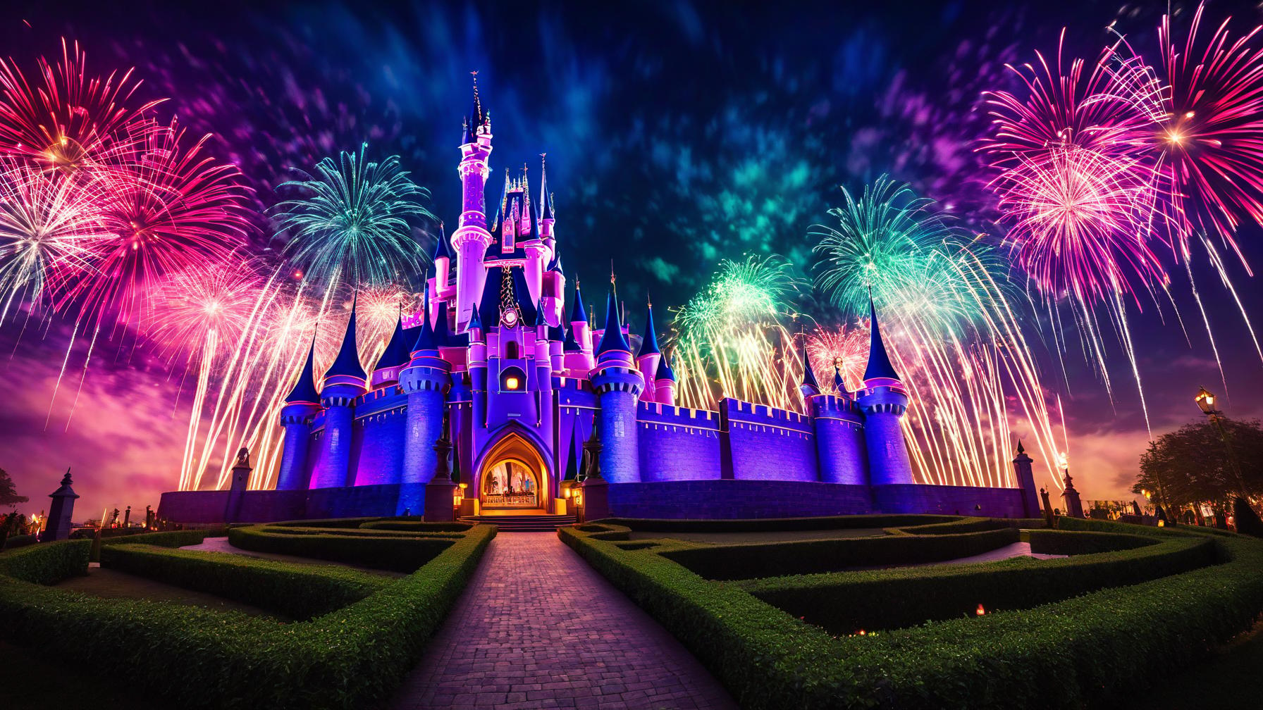  disney fireworks, magical castle, vibrant colors, fantasy setting, sparkling lights, enchanting display, dreamlike atmosphere, whimsical design, fantasy architecture, celebratory scene, imaginative interpretation cinematic view, wide angle lens, colorful lighting, whimsical art style, magical lighting effects highly detailed photo, sharp details, best quality, 4k, raw photo keywords: fireworks, disney, castle, fantasy, enchanting, whimsical, cinematic view, wide angle lens, colorful lighting, magical, celebratory.