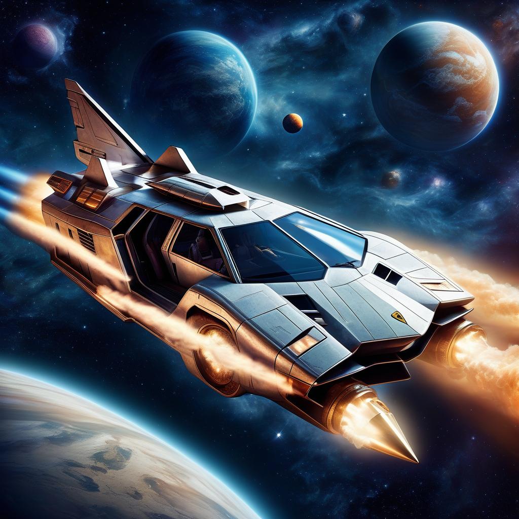  space themed retro futurism, steam punk and diesel, a star shuttle that looks like a lamborghini countach. . cosmic, celestial, stars, galaxies, nebulas, planets, science fiction, highly detailed