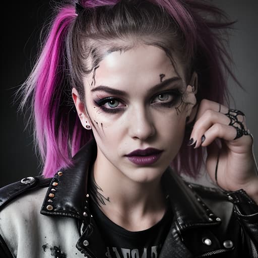  a hyper realistic photo of an extremely beautiful punk rocker girl bold lines, hyper detailed, leather jacket with studs and ripped jeans, her face is pale with pronounced cheekbones . her eyes are outlined with rich black eyeliner, and her lips are covered in dark lipstick with a slightly smudged contour. her disheveled hair is dyed in bright colors, creating a chaotic yet intentional mess. smoke swirls around her, and the lighting casts dramatic shadows, emphasizing her bold and energetic image. the grunge girl demonstrates authenticity, honesty, and independence through her style and self expression, photorealistic, hyperrealistic, hyperdetailed, analog style, demure, detailed skin, pores, smirk, smiling eyes, matte skin, soft lighting, 