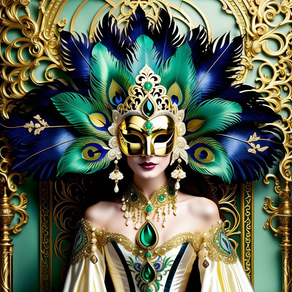  dreamscape (background):black silk cloak, topazes, rubies, emeralds, gold candlestick with white gold flame. ((the eye slits reflect the contours of the palaces and canals of venice1,9)). ((half mask columbine) a mask covering only part of the face. silver mask:with gold patterned ornamentation. colours:light green, blue, pearl cream, peacock feathers, gold and silver beads, gold leaf, gemstones, venetian lace, rhinestones, beads. (style):fantasy, renaissance, dream, mystery, mystery, dream, italy, venice, barcarolle, minestrel. . surreal, ethereal, dreamy, mysterious, fantasy, highly detailed