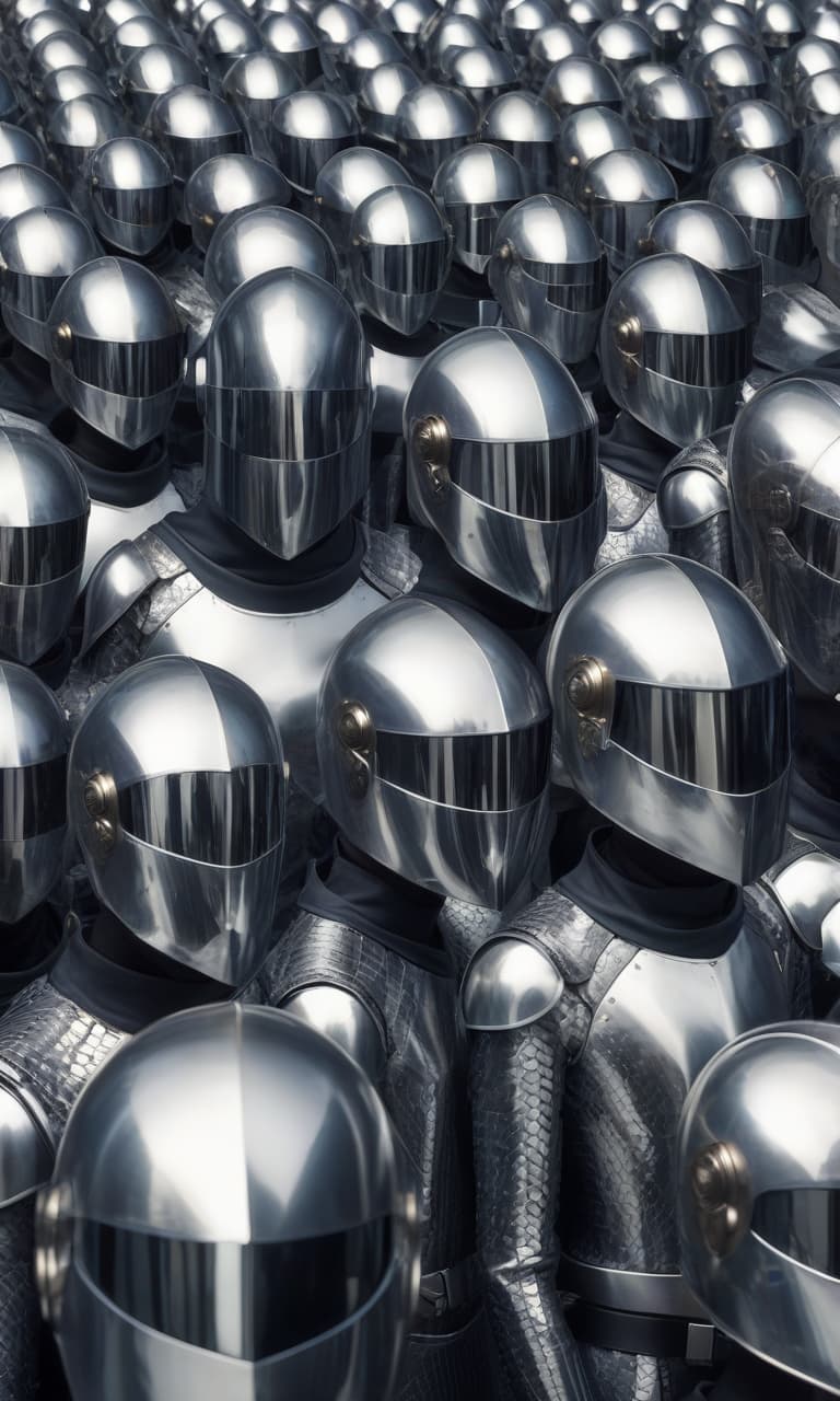  a legion of identical faceless androgynous soldiers. all dressed in identical jumpsuits with high tech but stylized medieval mirrorscale armor and sleek high tech full face helmets with mirrored visors,