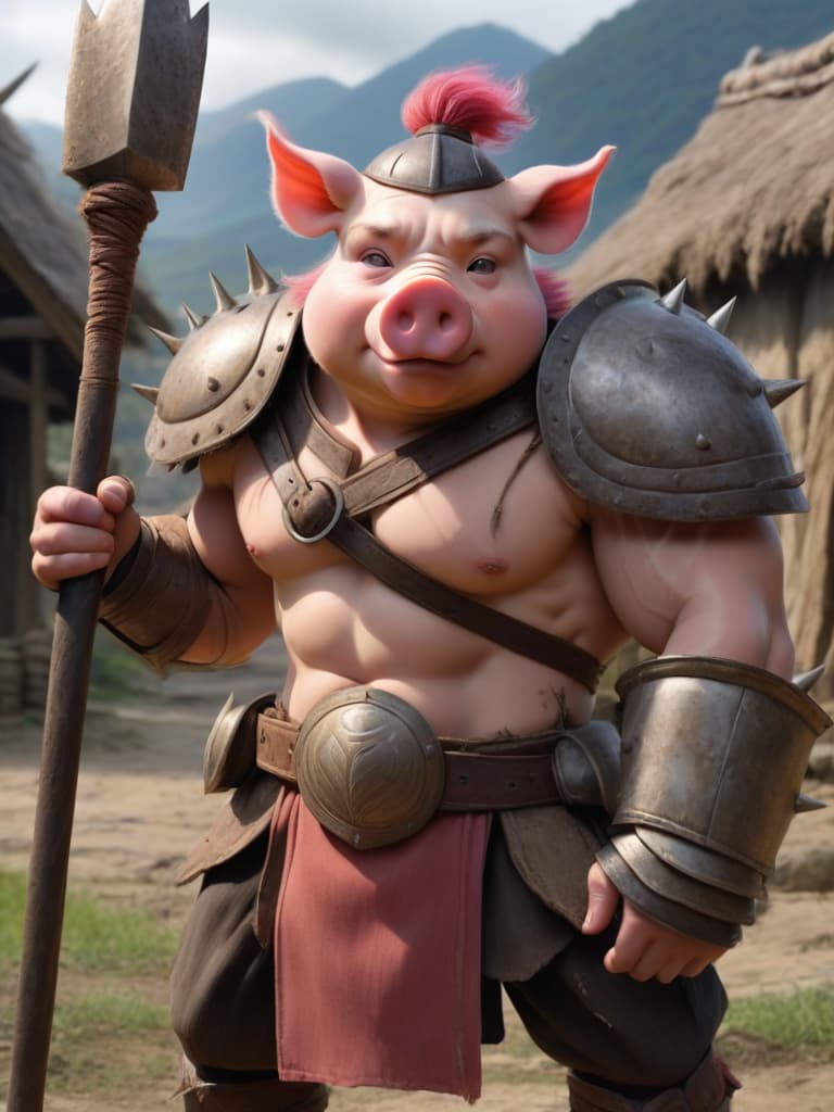  pig demon, 1 male, pig like face, solo, male focus, wearing tattered warrior armor, holding a large spiked club, aggressive posture, fierce expression, muscular build, tusks prominently visible, battle helmet, ruined village background, intense lighting, realistic, close up, dark tones, intimidating presence, heavily scarred skin.