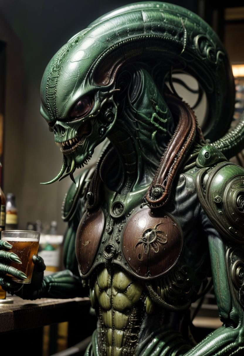  breathtaking xenomorph, cthulhu is drunk in a bar and snacks on hot wax painting style flywheels . award winning, professional, highly detailed, civitai