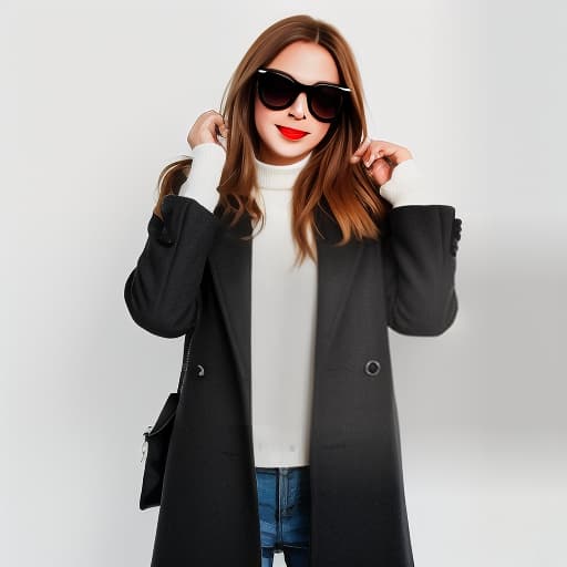  a fashionable girl of european appearance in a coat and sunglasses with a slight smile looks straight at the white background in the center