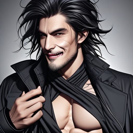  a man with an opened black jacket that shows his abs, has messy hair and is smirking with dead eyes