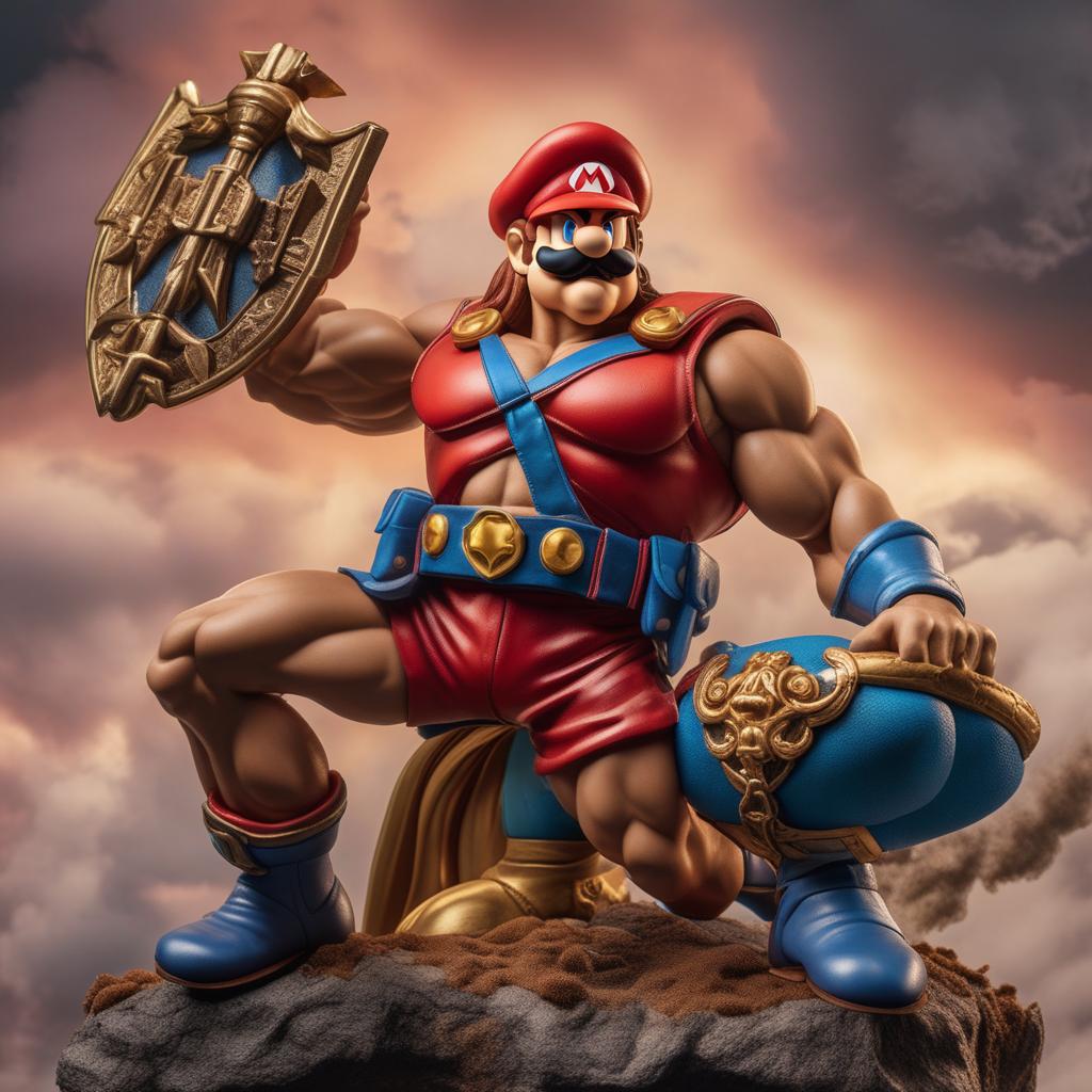  mario as he man, master of the universe hyperrealistic, full body, detailed clothing, highly detailed, cinematic lighting, stunningly beautiful, intricate, sharp focus, f/1. 8, 85mm, (centered image composition), (professionally color graded), ((bright soft diffused light)), volumetric fog, trending on instagram, trending on tumblr, HDR 4K, 8K