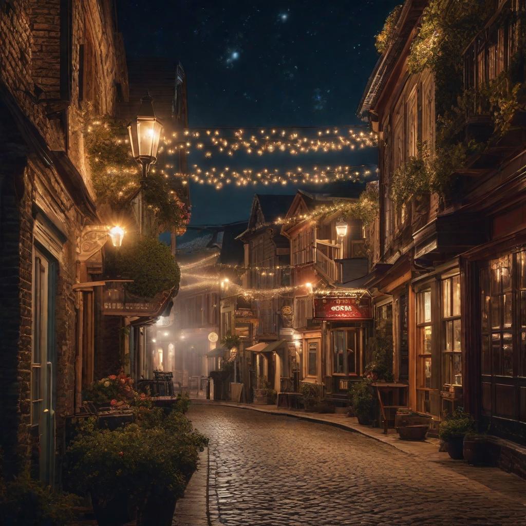  a small town at night with stars twinkling in the sky hyperrealistic, full body, detailed clothing, highly detailed, cinematic lighting, stunningly beautiful, intricate, sharp focus, f/1. 8, 85mm, (centered image composition), (professionally color graded), ((bright soft diffused light)), volumetric fog, trending on instagram, trending on tumblr, HDR 4K, 8K