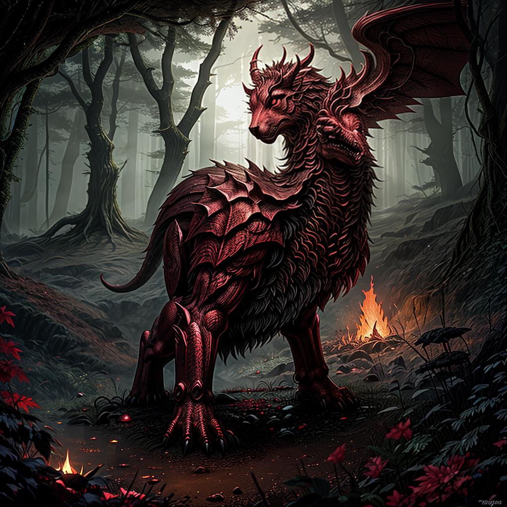 An image of a mythical forest creature who is the guardian of a gold cave, bloodstainai, horror, fear