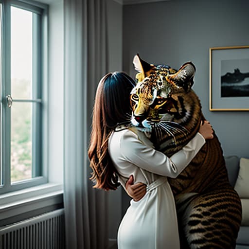  a big cat hugs a cute girl in the living room,pokemon hyperrealistic, full body, detailed clothing, highly detailed, cinematic lighting, stunningly beautiful, intricate, sharp focus, f/1. 8, 85mm, (centered image composition), (professionally color graded), ((bright soft diffused light)), volumetric fog, trending on instagram, trending on tumblr, HDR 4K, 8K