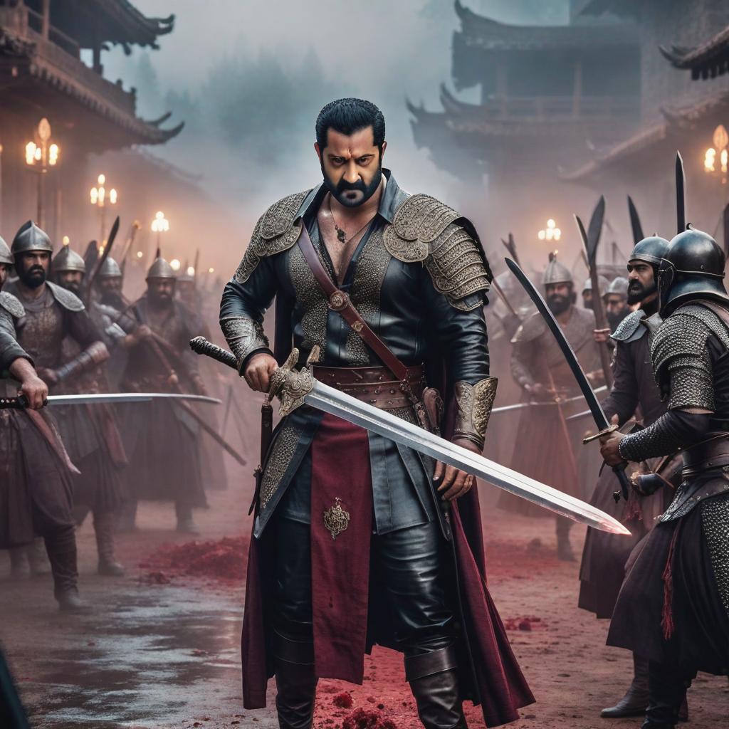  jr ntr with sword and dead people with full of blood , ((realistic)) hyperrealistic, full body, detailed clothing, highly detailed, cinematic lighting, stunningly beautiful, intricate, sharp focus, f/1. 8, 85mm, (centered image composition), (professionally color graded), ((bright soft diffused light)), volumetric fog, trending on instagram, trending on tumblr, HDR 4K, 8K