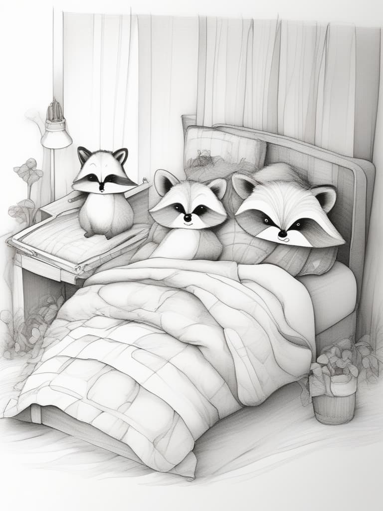  (line drawing,simple) metamorphosis (very cute raccoon),under the covers,