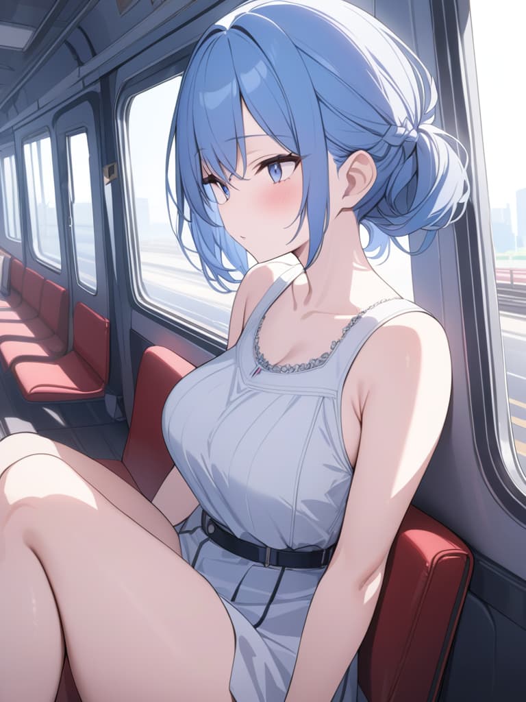  light blue, hair water blue, bob hair, train, masterpiece, best quality,8k,ultra detailed,high resolution,an extremely delicate and beautiful,hyper detail