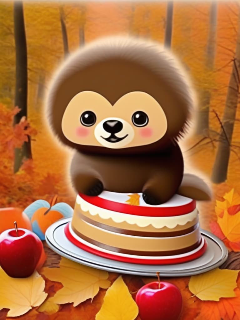  masterpiece! one sloth,smiling face,big mont blanc cake,gs,apples,autumn leaves,high quality,16k