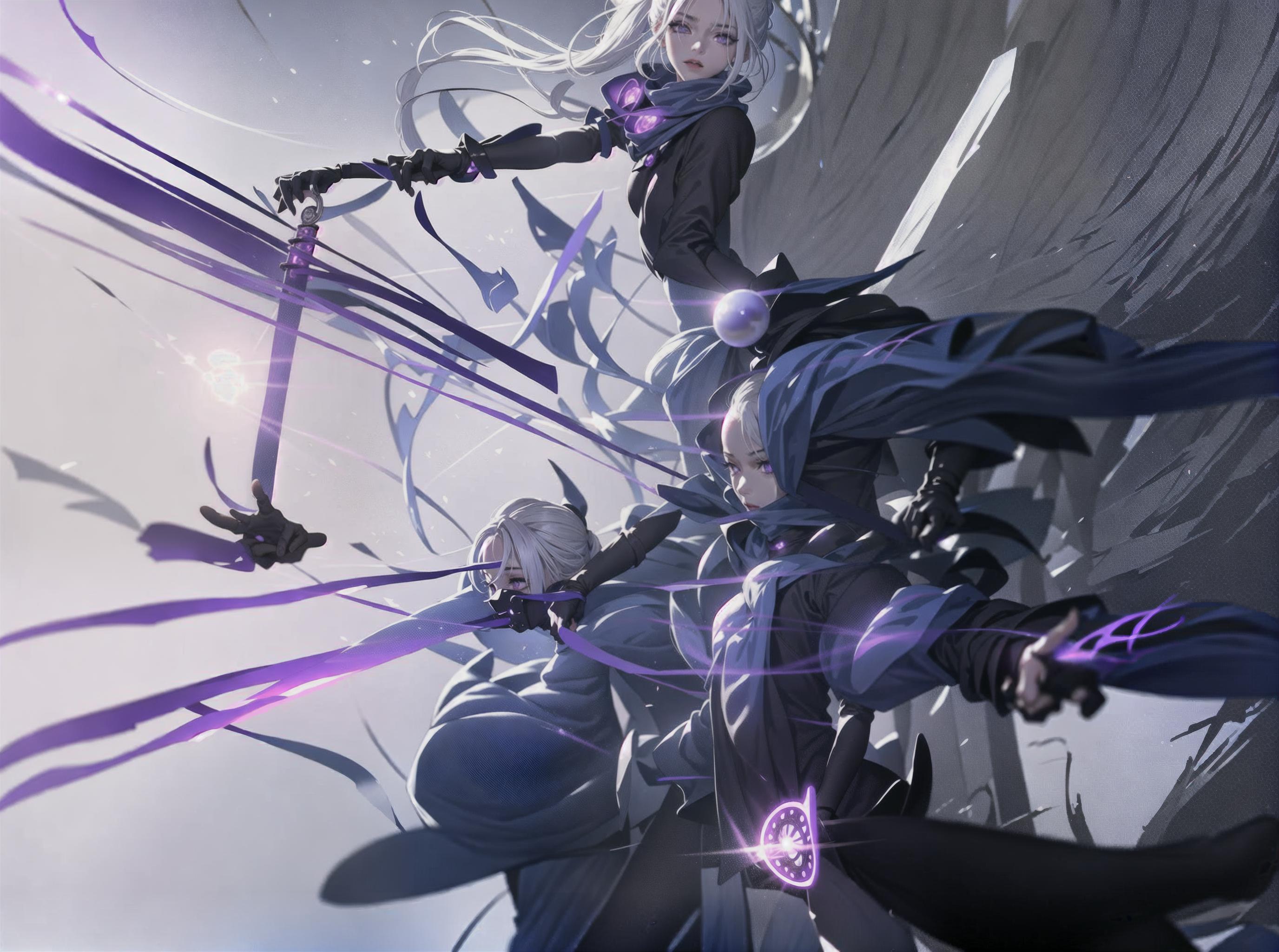  upper body, 1girl, white hair, ponytail, purple eyes, (ninja), short sword, medium breats ,scarf, wallpaper, magic circle background, light particles, blue fire