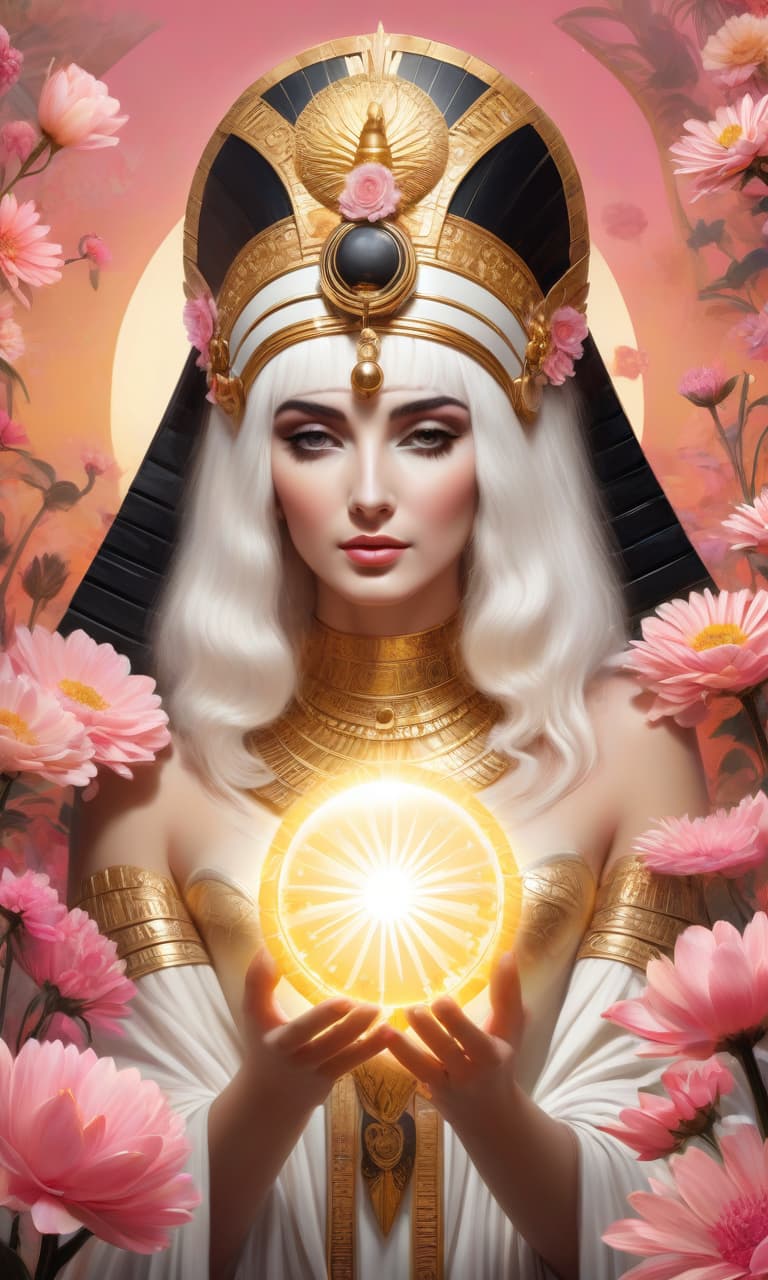  concept art black, white, gold, pink cleopatra holds the sun in her hands, many flowers . digital artwork, illustrative, painterly, matte painting, highly detailed, perfect hands