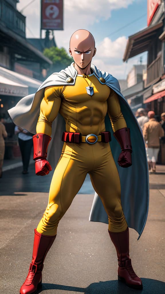  an anime art depicting saitama from "one punch man" showcasing his mysterious, potentially divine power. hyperrealistic, full body, detailed clothing, highly detailed, cinematic lighting, stunningly beautiful, intricate, sharp focus, f/1. 8, 85mm, (centered image composition), (professionally color graded), ((bright soft diffused light)), volumetric fog, trending on instagram, trending on tumblr, HDR 4K, 8K