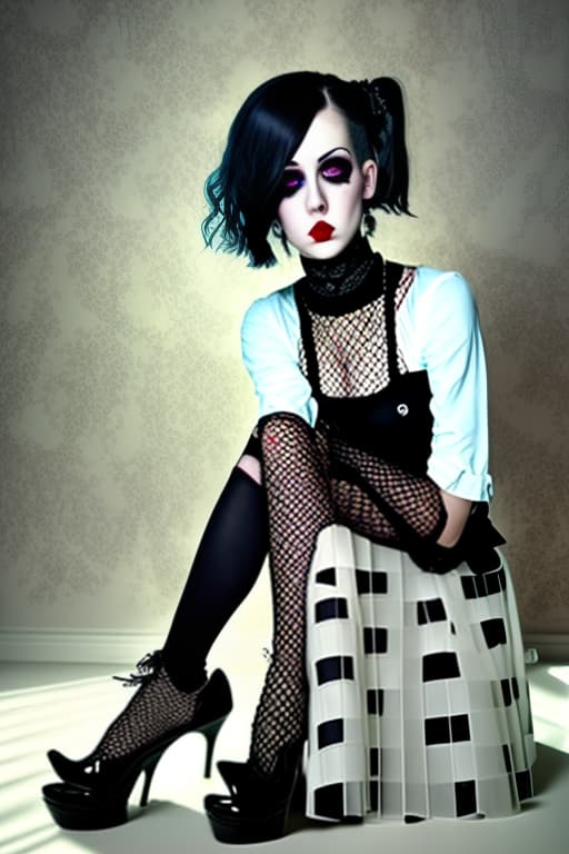 estilovintedois Goth girl sitting down wearing a skirt and fishnets