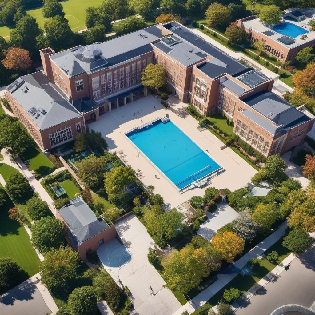  high school exterior aerial layout with lots of windows and a courtyard in the middle with a garden and pool and rooftop space , mystical style