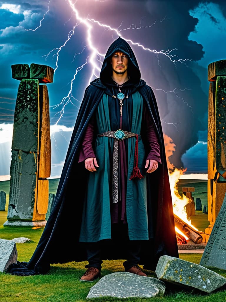  Pagan warlock, facing viewer, wearing a hooded cloak, his face hardened, eyes cold, a scar runs down the left side of his face; standing at an alter, conjuring a fire elemental from within Stonehenge during a thunder and lightning storm