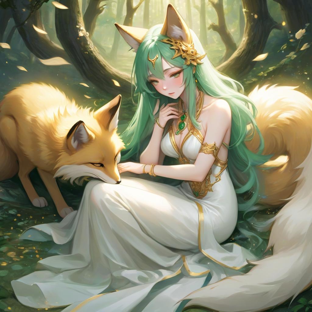  picture a woman goddess in a long white dress and green hair. next to her lies a large golden fox, surrounding the goddess with a tail. woman strokes her head, hkmagic