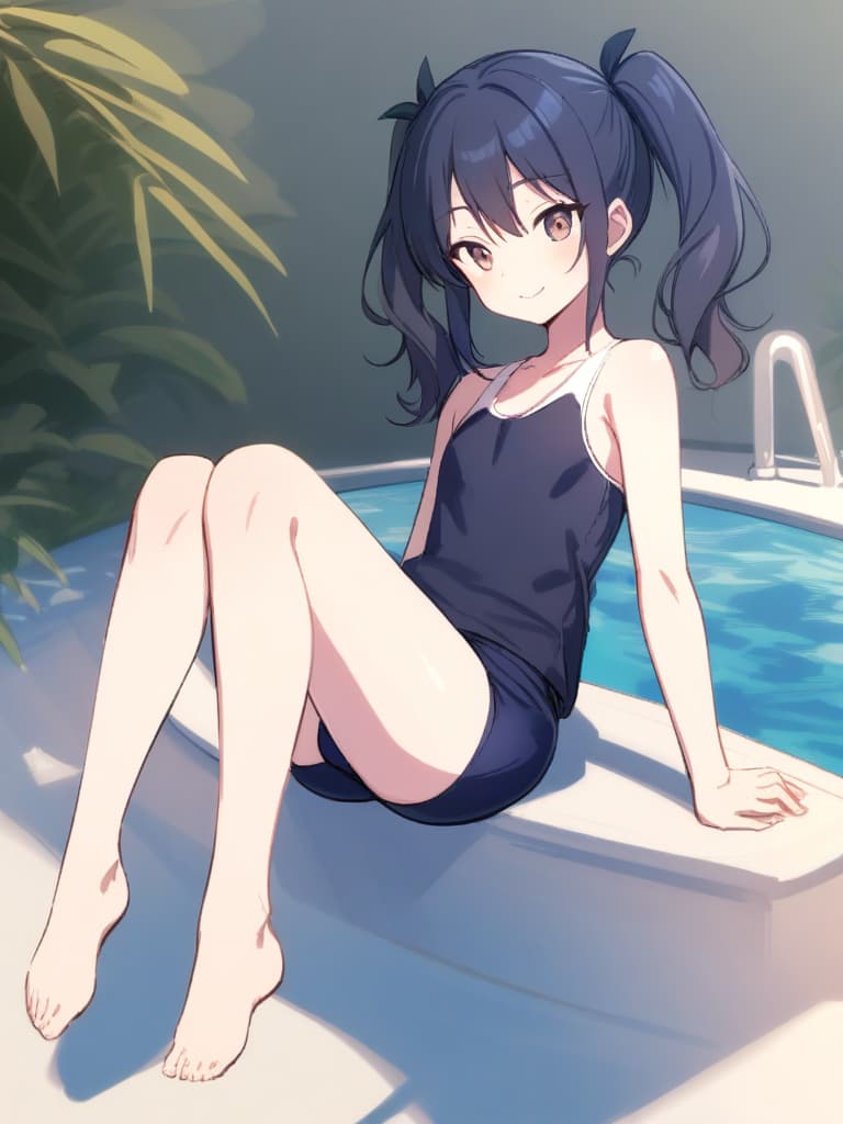  women's elementary students (male), twin tails, cute smiles, (rich s), low stature, dark blue swimwear, old swimwear, , simple (upward), male , (bulge), shaped clear , front , whole body, pool side,