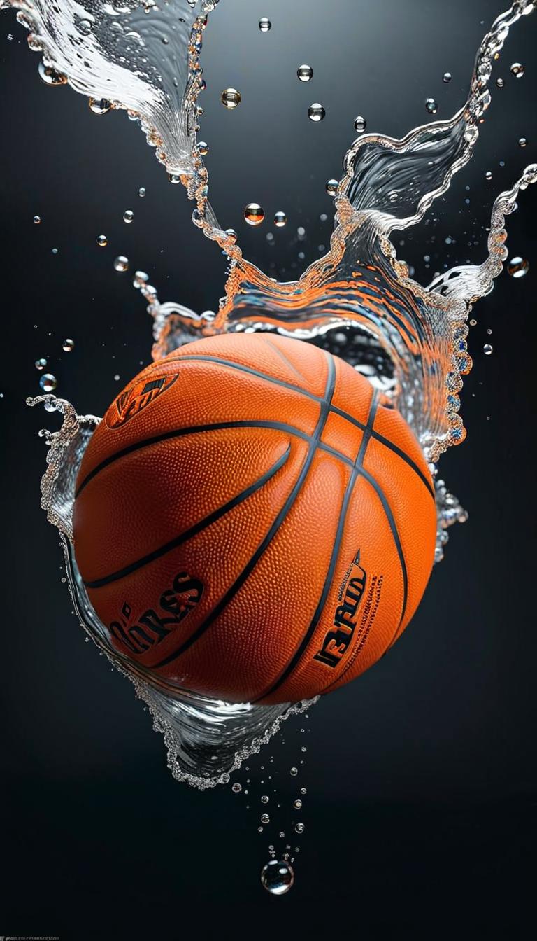  professional 3d model of a floating nba basketball with a hollow black background and lighting on the ball with water droplets bouncing off the bottom of the ball . rendered with octane, the model is highly detailed,dramatic lighting. hyperrealistic, full body, detailed clothing, highly detailed, cinematic lighting, stunningly beautiful, intricate, sharp focus, f/1. 8, 85mm, (centered image composition), (professionally color graded), ((bright soft diffused light)), volumetric fog, trending on instagram, trending on tumblr, HDR 4K, 8K