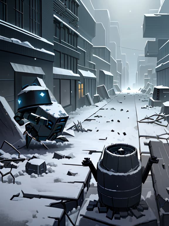  post apocalypse. darkness. a snowstorm. a robot that hides a pot with a small flower from the cold goes through a strong wind through a destroyed frozen city.